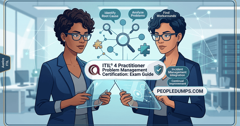 Two IT professionals discussing problem management strategies in a modern office setting, surrounded by infographics on Root Cause Analysis, Workarounds, and Incident Management Integration.