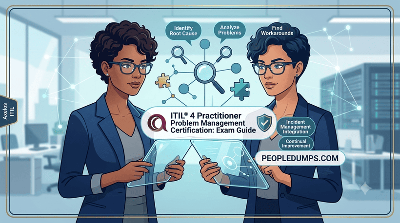 Two IT professionals discussing problem management strategies in a modern office setting, surrounded by infographics on Root Cause Analysis, Workarounds, and Incident Management Integration.