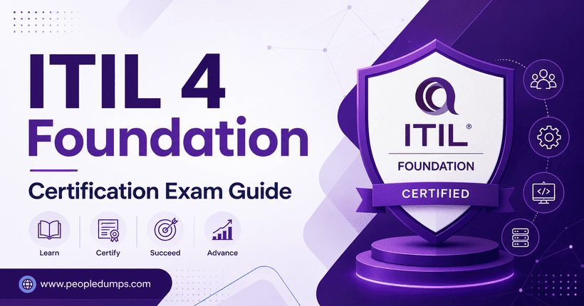 ITIL 4 Foundation Certification Exam Guide course cover banner with certification shield and ITIL branding for exam preparation on peopledumps.com