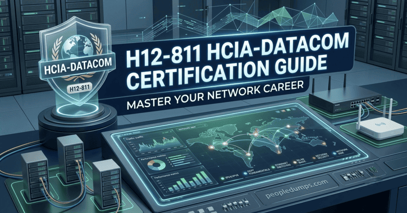 H12-811 HCIA-Datacom Certification Guide cover image featuring networking equipment, data center servers, and interactive network monitoring dashboards with peopledumps.com logo.