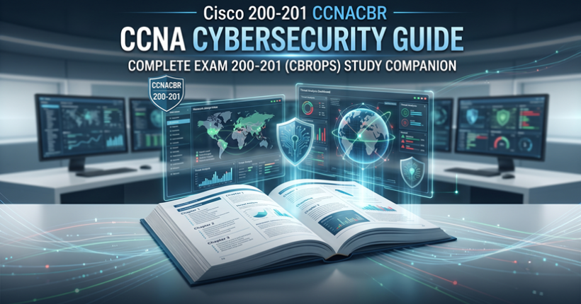 An open study book with glowing digital holographic data and a security shield, representing the Cisco 200-201 CCNACBR Exam Guide, set in a high-tech Security Operations Center.