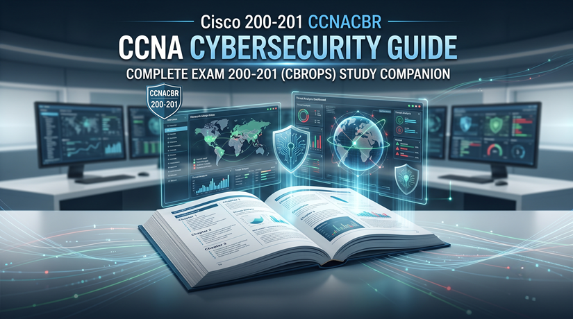 An open study book with glowing digital holographic data and a security shield, representing the Cisco 200-201 CCNACBR Exam Guide, set in a high-tech Security Operations Center.