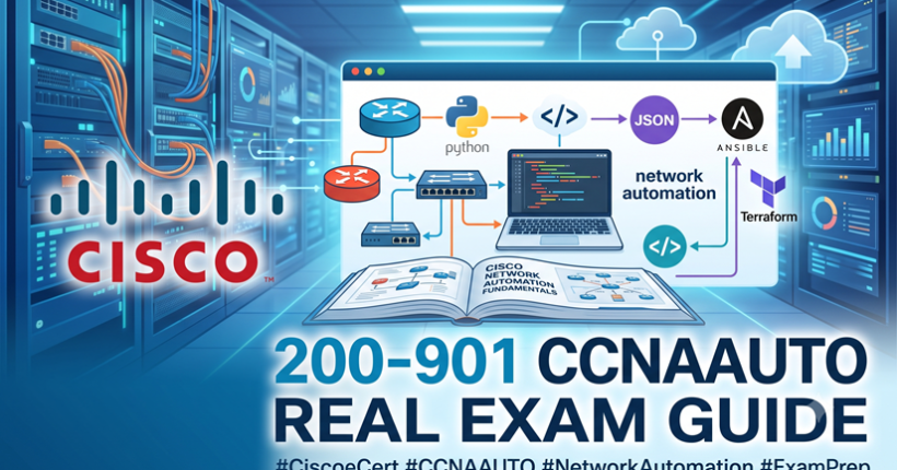 Cisco 200-901 CCNAAUTO exam guide and network automation illustration.