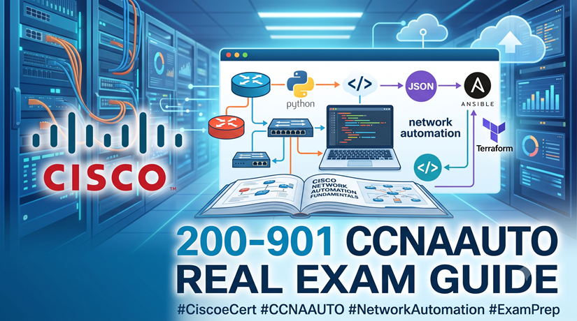 Cisco 200-901 CCNAAUTO exam guide and network automation illustration.