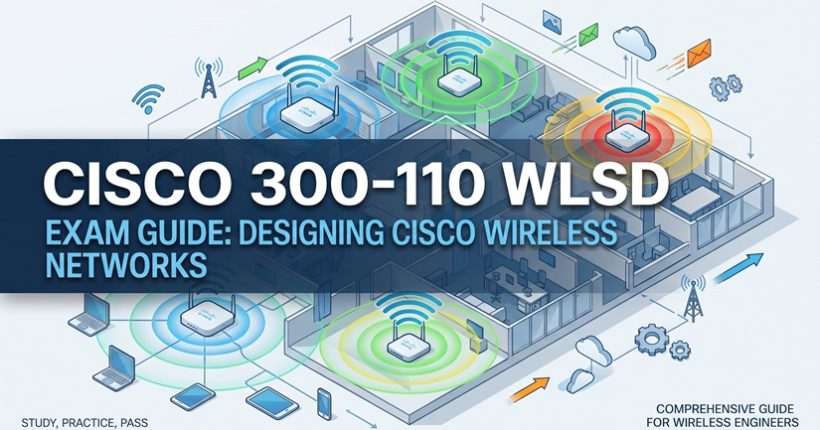 Cisco 300-110 WLSD Exam Guide cover featuring an isometric office layout with wireless access points, RF signal coverage heatmaps, and connected devices.