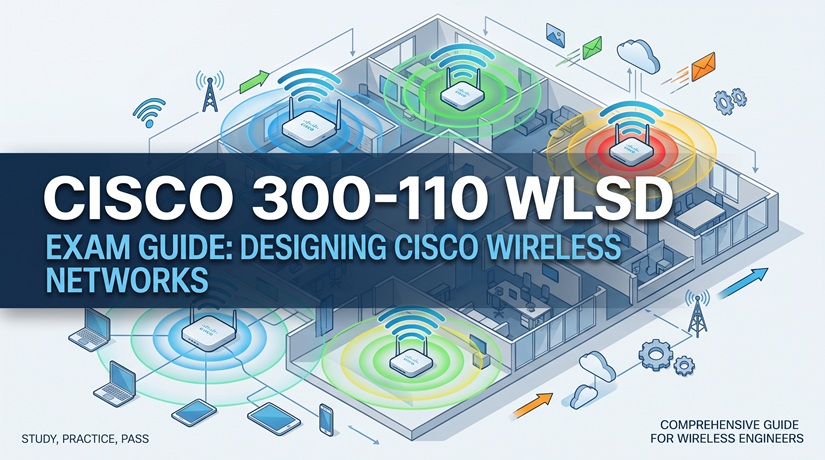 Cisco 300-110 WLSD Exam Guide cover featuring an isometric office layout with wireless access points, RF signal coverage heatmaps, and connected devices.