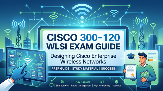 Cisco 300-120 WLSI Exam Guide cover illustration featuring wireless network icons, key study topics, and enterprise network design graphics.
