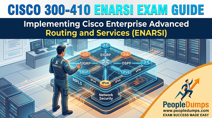 An illustrated cover for the Cisco 300-410 ENARSI Exam Guide, showing a network engineer interacting with a holographic interface displaying advanced routing protocols like OSPF, BGP, EIGRP, and MPLS.