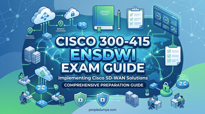 Illustrated cover for the Cisco 300-415 ENSDWI Exam Guide featuring SD-WAN networking diagrams, routers, cloud infrastructure, and study materials.