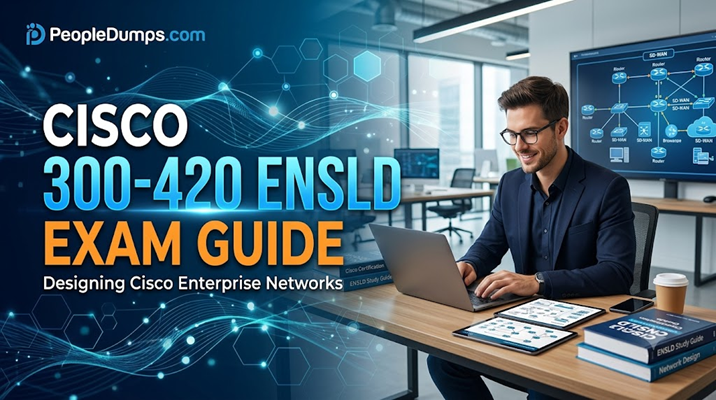 Cover image for the Cisco 300-420 ENSLD Exam Guide showing an IT professional studying enterprise network design with a laptop, study books, and network topology diagrams.