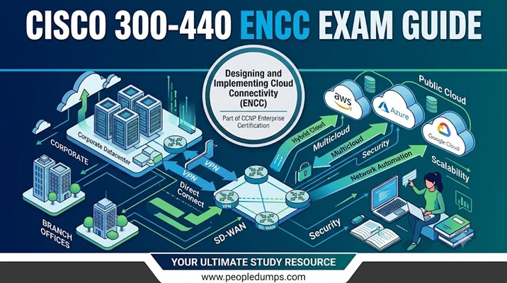 Isometric infographic for Cisco 300-440 ENCC Exam Guide detailing cloud connectivity, SD-WAN, VPN, and multi-cloud integration with AWS, Azure, and Google Cloud.