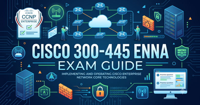 Cisco 300-445 ENNA Exam Guide banner featuring network topology, cloud connectivity, server racks, and CCNP Enterprise badge