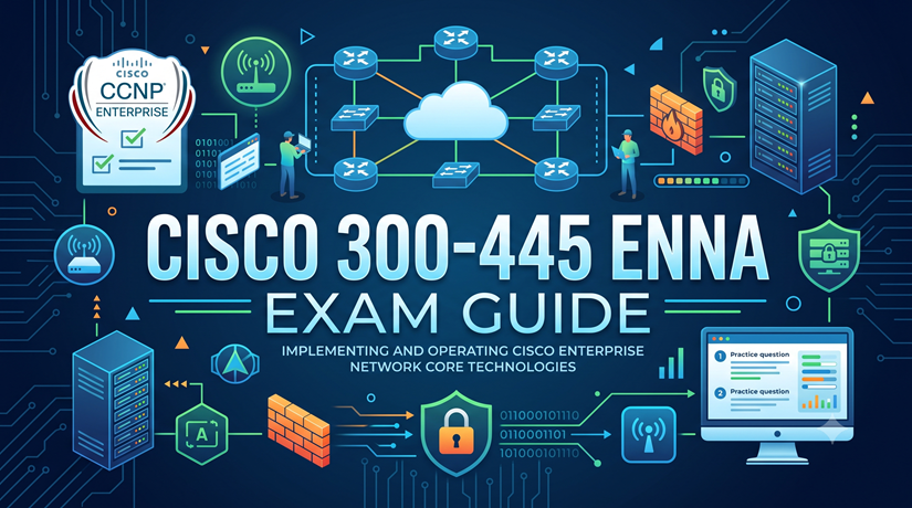Cisco 300-445 ENNA Exam Guide banner featuring network topology, cloud connectivity, server racks, and CCNP Enterprise badge