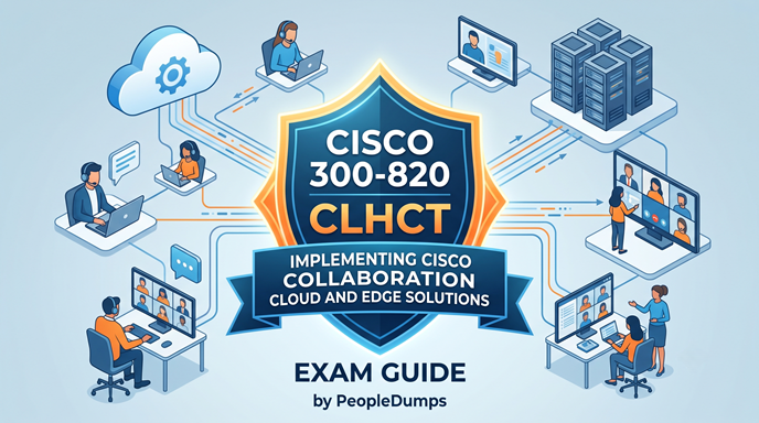 Isometric vector illustration for Cisco 300-820 CLHCT Exam Guide: Implementing Cisco Collaboration Cloud and Edge Solutions featuring cloud networks and IT professionals.