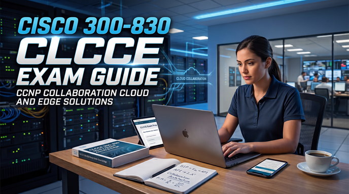 A woman in a data center studies for the Cisco 300-830 CLCCE exam using a laptop, a physical study guide book titled 'CLCCE 300-830 Exam Prep', a tablet, a smartphone, and handwritten architectural notes. Overlaid text reads 'CISCO 300-830 CLCCE EXAM GUIDE'.