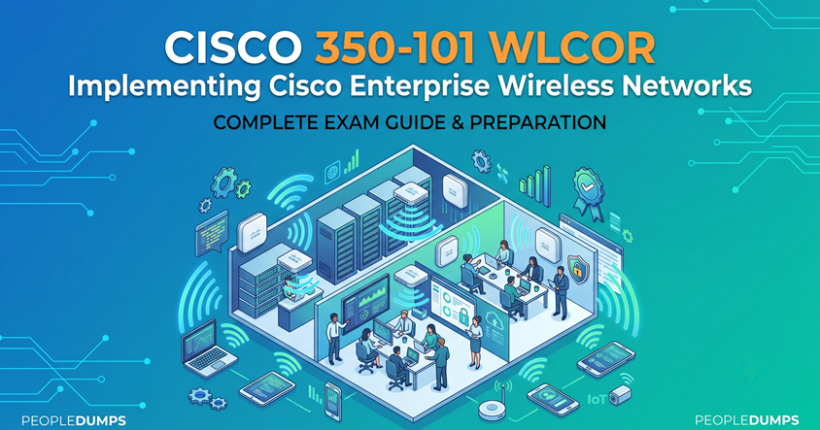 Isometric vector illustration showing enterprise wireless network infrastructure, Wi-Fi access points, servers, and connected office devices for the Cisco 350-101 WLCOR exam guide.