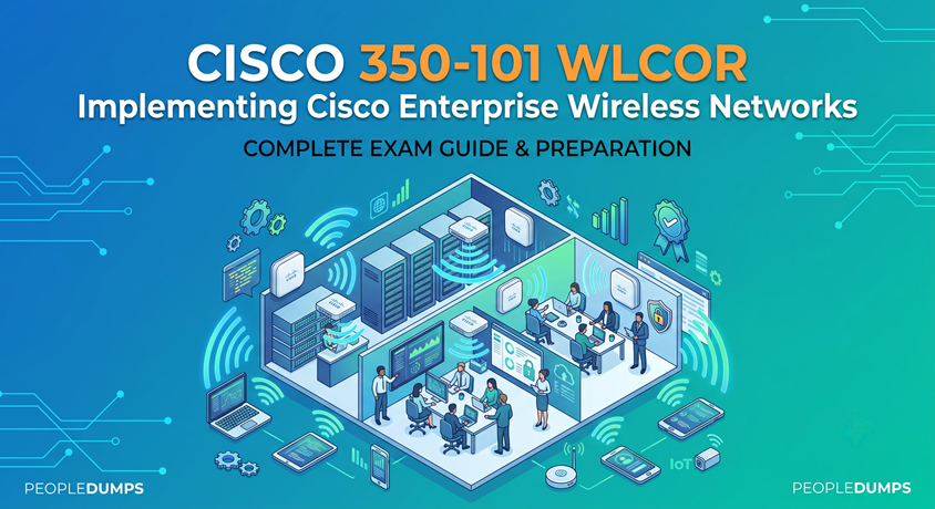 Isometric vector illustration showing enterprise wireless network infrastructure, Wi-Fi access points, servers, and connected office devices for the Cisco 350-101 WLCOR exam guide.