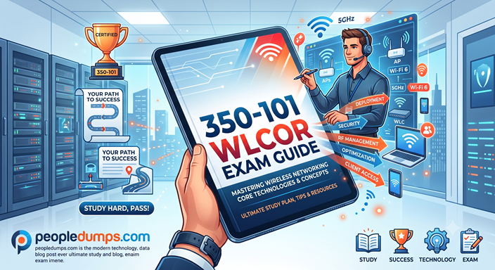 Cisco 350-101 WLCOR Exam Guide cover featuring wireless networking concepts, Wi-Fi 6, WLC, and study resources on peopledumps.com
