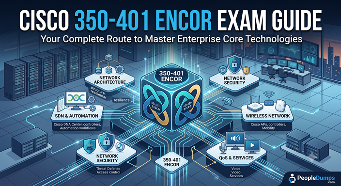 An illustrated overview of the Cisco 350-401 ENCOR Exam Guide, featuring key syllabus topics like Network Architecture, Security, SDN & Automation, Wireless, and QoS.