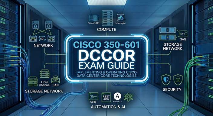 Cisco 350-601 DCCOR Exam Guide cover featuring data center server racks and five core domains: Network, Compute, Storage, Automation & AI, and Security.