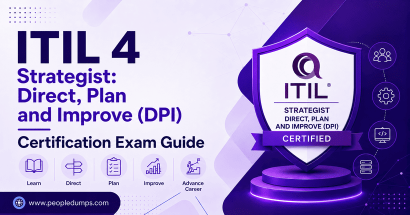 ITIL 4 Strategist Direct Plan and Improve DPI certification exam guide course cover for ITIL 4 training and IT service management certification study on peopledumps.com