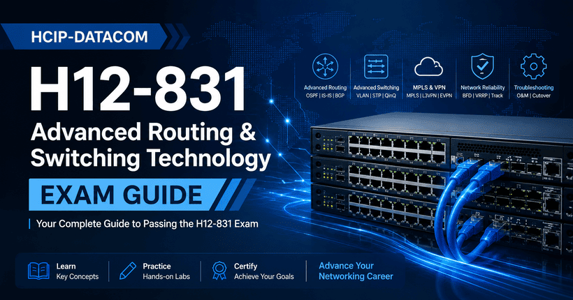 HCIP-Datacom H12-831 exam guide cover featuring Huawei advanced routing and switching technology with enterprise network switches.