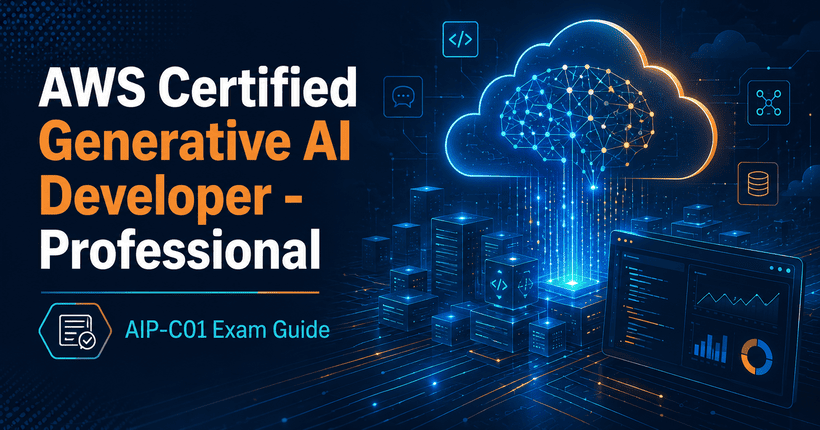AWS AIP-C01 Certified Generative AI Developer Professional exam guide cover featuring cloud computing, AI, and developer technologies.