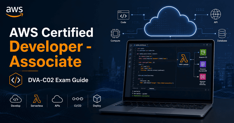 AWS Certified Developer Associate DVA-C02 exam guide cover featuring cloud development, AWS Lambda, serverless applications, APIs, CI/CD, and AWS developer certification concepts