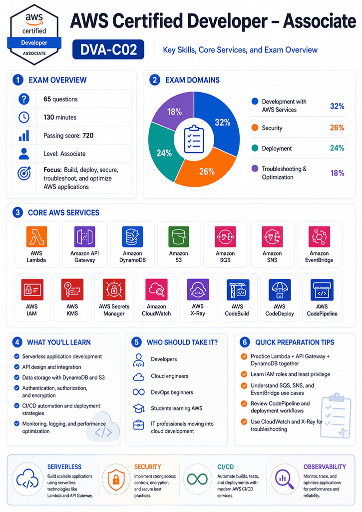 AWS Certified Developer Associate DVA-C02 exam overview infographic showing exam domains, AWS Lambda, API Gateway, DynamoDB, S3, SQS, SNS, IAM, CI/CD, security, deployment, and troubleshooting topics