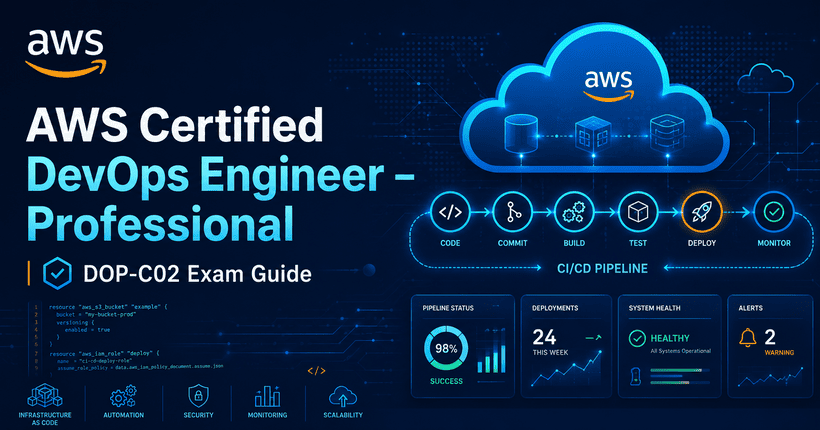 AWS Certified DevOps Engineer Professional DOP-C02 exam guide featuring CI/CD pipelines, cloud automation, monitoring, security, and Infrastructure as Code.