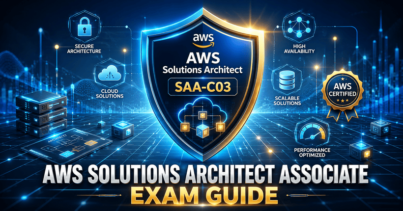 AWS Certified Solutions Architect Associate SAA-C03 exam guide featuring cloud architecture, security, high availability, scalability, and performance concepts.