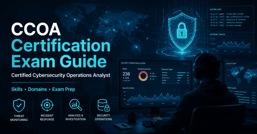 CCOA Certified Cybersecurity Operations Analyst exam guide with cybersecurity monitoring, incident response, and security operations dashboard