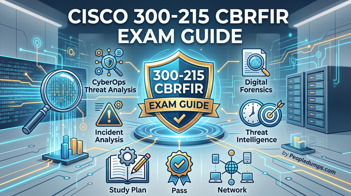 Cisco 300-215 CBRFIR Exam Guide visual cover highlighting digital forensics, incident analysis, threat intelligence, and CyberOps threat analysis on a futuristic blue digital network background.