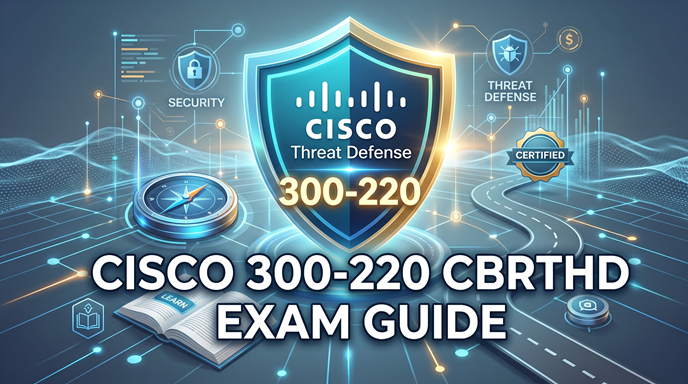 Cisco 300-220 CBRTHD Exam Guide banner featuring a glowing Cisco Threat Defense shield, a study path road, a navigation compass, and cybersecurity network icons on a digital grid background.