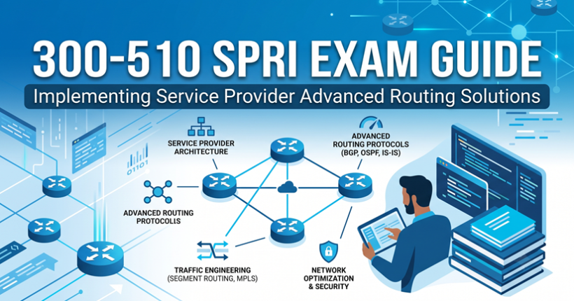 An illustrative infographic for the Cisco 300-510 SPRI exam guide. The image features a detailed network topology at its center with a cloud icon. Surrounding icons link to core exam topics: Service Provider Architecture, Advanced Routing Protocols (BGP, OSPF, IS-IS), Traffic Engineering (Segment Routing, MPLS), Network Optimization, and Security. A network engineer is shown working with a tablet and books in the foreground, with data screens in the background, all in a high-tech blue style.
