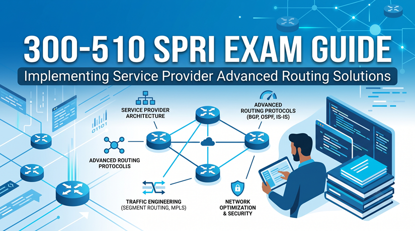 An illustrative infographic for the Cisco 300-510 SPRI exam guide. The image features a detailed network topology at its center with a cloud icon. Surrounding icons link to core exam topics: Service Provider Architecture, Advanced Routing Protocols (BGP, OSPF, IS-IS), Traffic Engineering (Segment Routing, MPLS), Network Optimization, and Security. A network engineer is shown working with a tablet and books in the foreground, with data screens in the background, all in a high-tech blue style.
