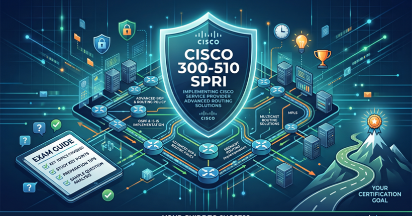Cover banner for Cisco 300-510 SPRI exam guide illustrating a Service Provider network architecture with key topics including OSPF, IS-IS, BGP routing policies, Segment Routing, and Multicast solutions.