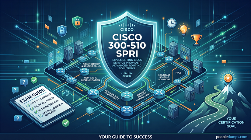 Cover banner for Cisco 300-510 SPRI exam guide illustrating a Service Provider network architecture with key topics including OSPF, IS-IS, BGP routing policies, Segment Routing, and Multicast solutions.