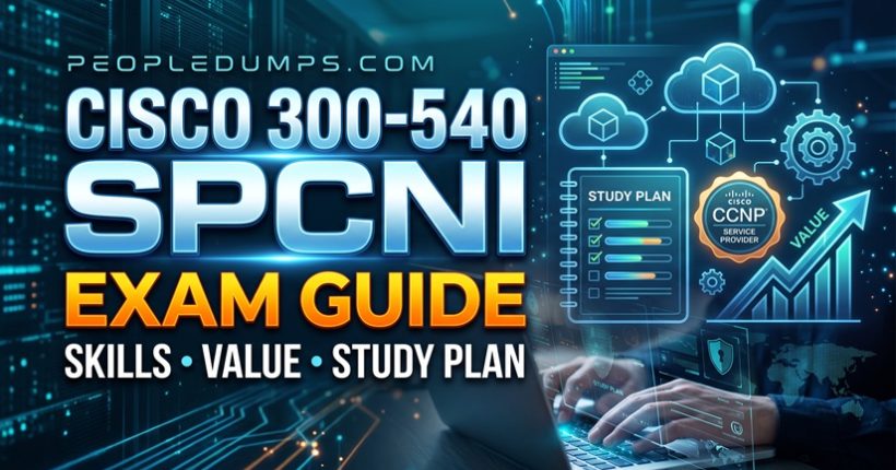 Cisco 300-540 SPCNI exam guide cover featuring study plan checklist, CCNP Service Provider badge, and cloud networking graphics.