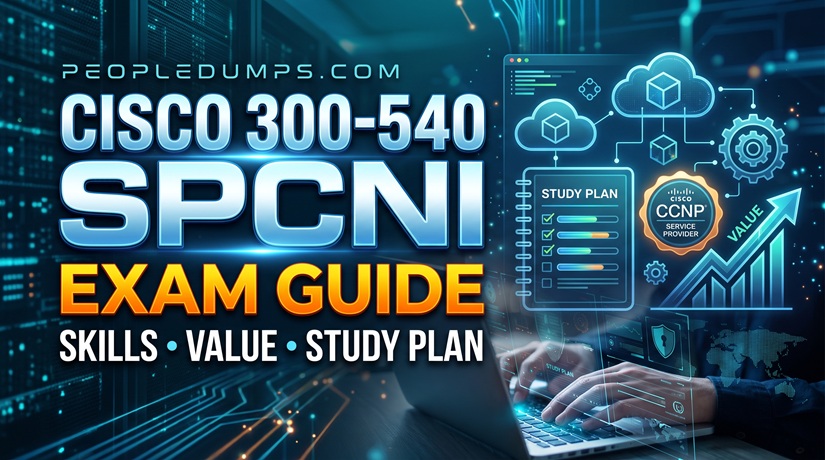 Cisco 300-540 SPCNI exam guide cover featuring study plan checklist, CCNP Service Provider badge, and cloud networking graphics.