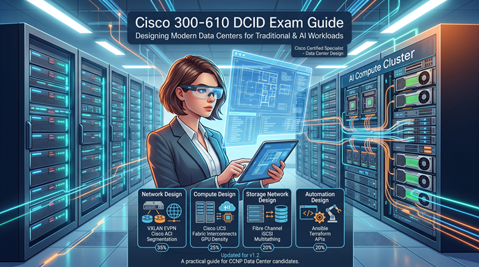 Cisco 300-610 DCID Exam Guide cover image showing a data center architect in a server room with AI compute clusters, outlining the four exam domains: Network, Compute, Storage, and Automation Design.