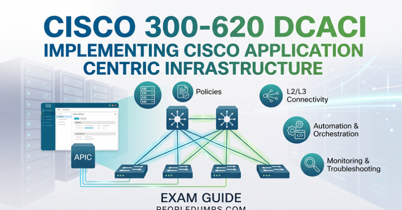 Cisco 300-620 DCACI exam guide banner featuring ACI network topology, APIC controller, and core exam topics.