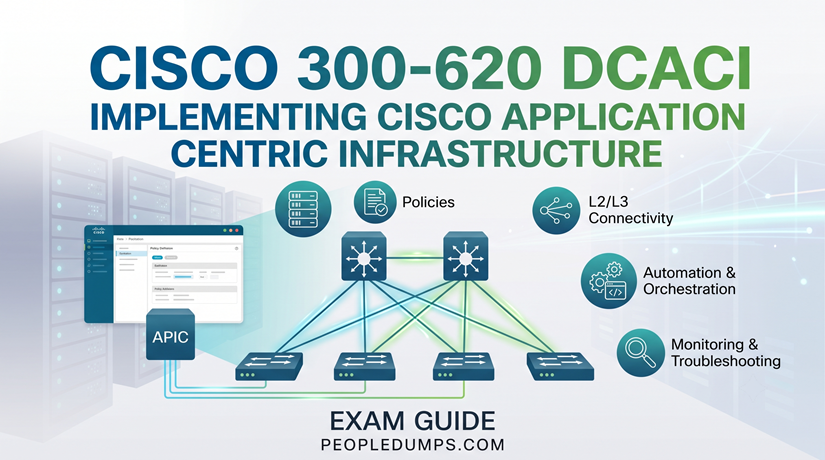 Cisco 300-620 DCACI exam guide banner featuring ACI network topology, APIC controller, and core exam topics.