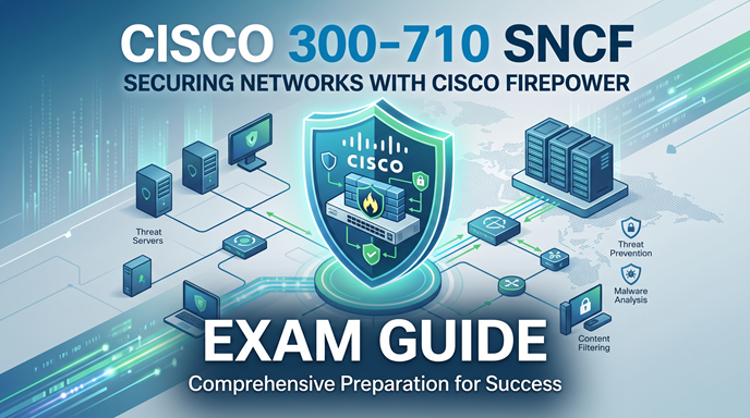Cover banner for Cisco 300-710 SNCF exam guide displaying network security architecture, Firepower firewall shield, and threat prevention icons.