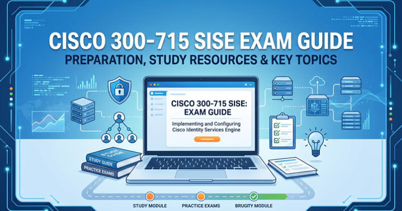Cisco 300-715 SISE exam guide graphic featuring a laptop displaying exam topics, surrounded by study books and network security icons on a blue technology background.