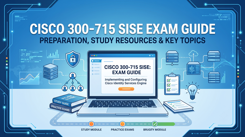 Cisco 300-715 SISE exam guide graphic featuring a laptop displaying exam topics, surrounded by study books and network security icons on a blue technology background.