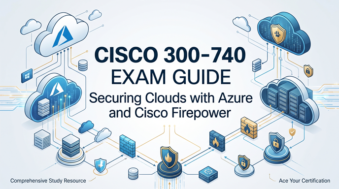 Detailed isometric infographic for the Cisco 300-740 (Securing Clouds with Azure and Cisco Firepower) exam guide. The image text prominently displays 'CISCO 300-740 EXAM GUIDE' and 'Securing Clouds with Azure and Cisco Firepower'. The visual shows a Microsoft Azure cloud environment on the left and data center servers on the right, all interconnected. The central diagram illustrates layered network security using Cisco Firepower solutions, represented by multiple firewalls (brick walls with flame icons), security shields with locks and flame logos, and threat prevention layers. Text at the bottom includes 'Comprehensive Study Resource' and 'Ace Your Certification'.