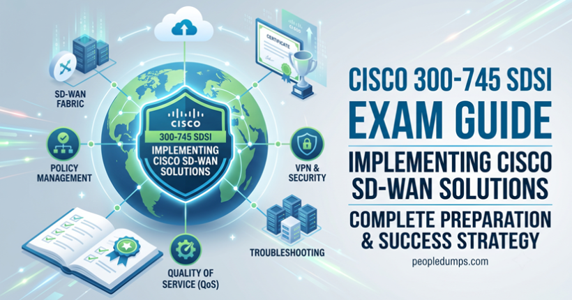 Cover banner for Cisco 300-745 SDSI exam guide titled Implementing Cisco SD-WAN Solutions, featuring a global network infographic with nodes for policy management, QoS, VPN security, and troubleshooting.