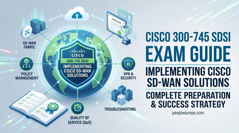 Cover banner for Cisco 300-745 SDSI exam guide titled Implementing Cisco SD-WAN Solutions, featuring a global network infographic with nodes for policy management, QoS, VPN security, and troubleshooting.