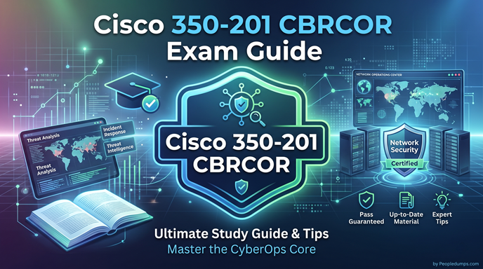 Cisco 350-201 CBRCOR Exam Guide cover image featuring threat analysis dashboards, server racks, network security shields, and CyberOps study materials on a dark tech background.